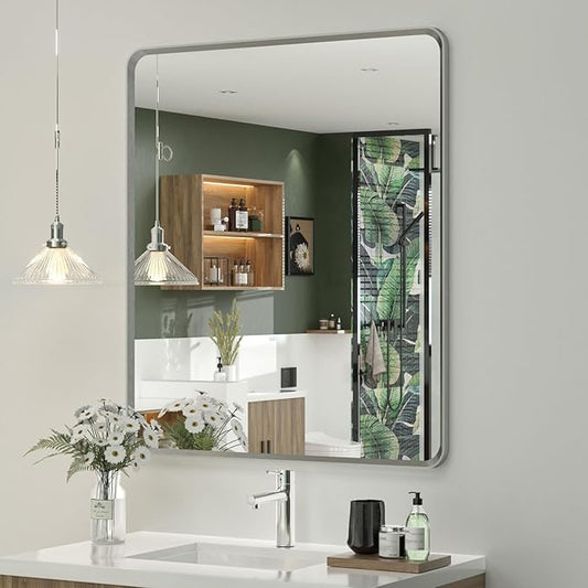 OKPAL 28 x 32 Silver Framed Mirror, Brushed Nickel Bathroom Mirror for Wall, Modern Rounded Rectangle Mirror, Brushed Silver Vanity Mirror, Anti-Rust, HD Glass (Horizontal/Vertical)