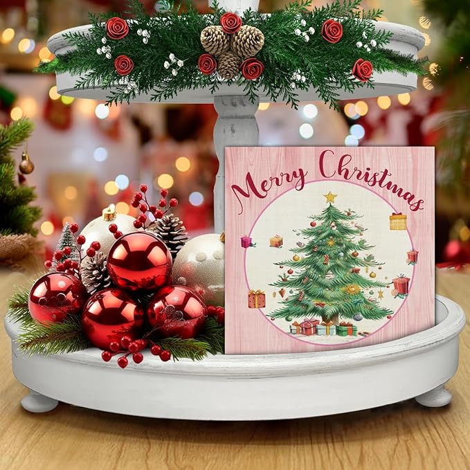 Pink Christmas Wooden Sign - Merry Christmas Home Decor, 5 x 5 Inch