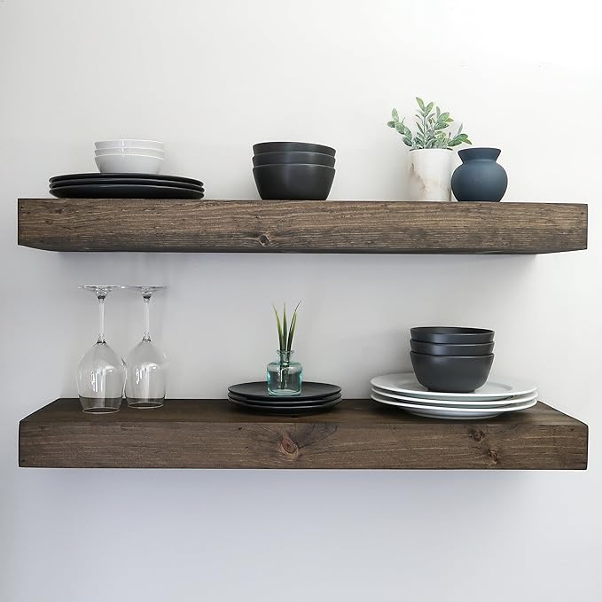 Urbandi Modern Floating Shelves 3 Inches Thick for Wall, Wide Shelves for Kitchen, Living Room, Bedroom, and Bathroom, Natural Pine Wood, Rustic Wooden Shelf, (Set of 2) (Jacobean, 36Lx3Hx6D)