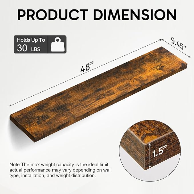 BAYKA Floating Shelves, 48 inch Wall Mounted Rustic Wood Shelves for Bathroom, Bedroom, Living Room, Kitchen, Office, Hanging Shelf for Books/Storage/Decor(Rustic Brown,Set of 2)