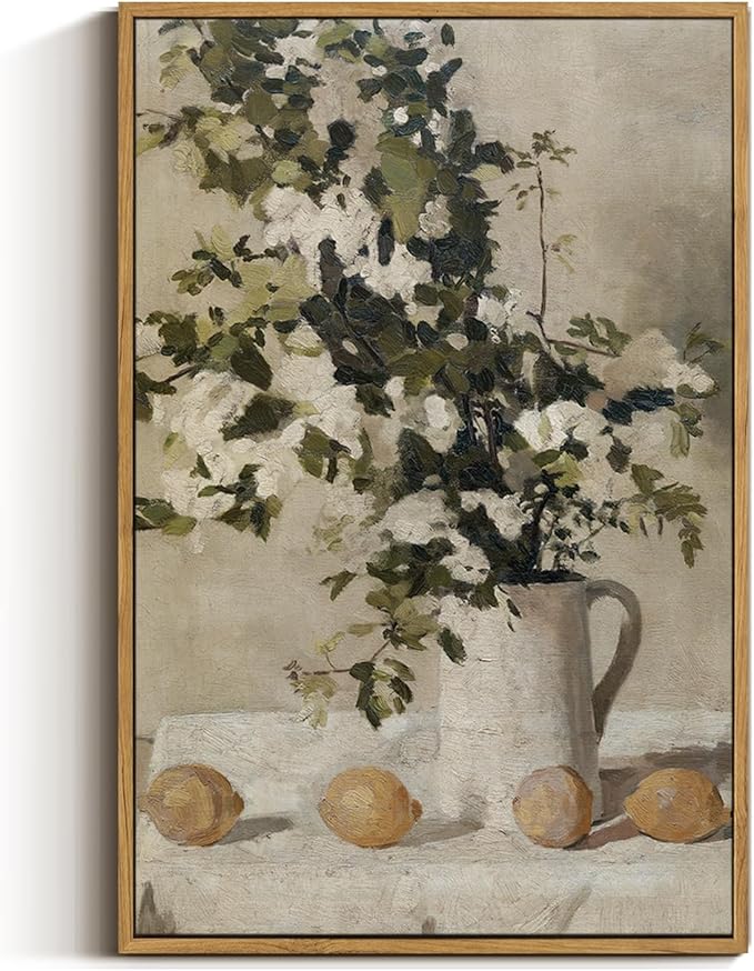 VIYYIEA Floral Large Framed Wall Art, Flowers and Lemons Vintage Art Decor Room Aesthetic, 16X24 Inch Canvas Print Artwork, Farmhouse Still Life Painting Wall Decor for Bedroom Bathroom Office