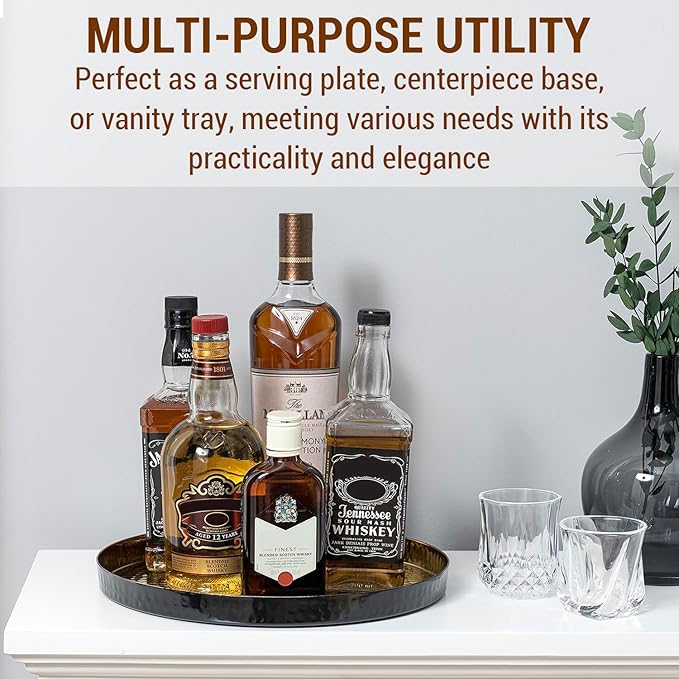 MyGift 12 Inch Round Decorative Platter, Gold Tone Plated Hammered Aluminum with Matte Black Accent Serving Plate, Centerpiece Base or Vanity Tray - Handcrafted in India