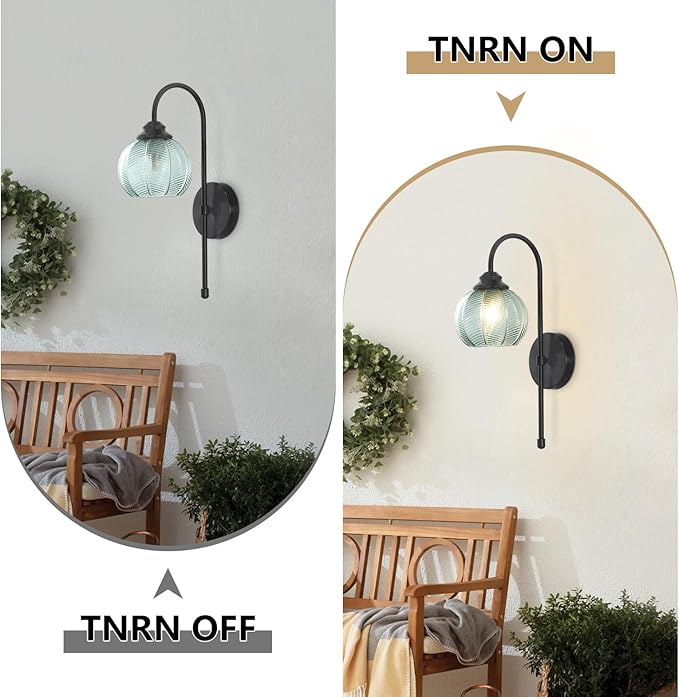 KCO Lighting Vintage Green Glass Wall Sconce Black Globe Sconce Mid Century Modern Long Wall Light Fixture for Living Room Bedroom Bathroom
