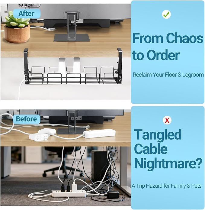 Under Desk Cable Management Tray, 15.7'' Metal Wire Organizer with Clamp, No Drill Desk Cord Rack for Cable Management, Computer Wire Organizer for Office and Home – Sturdy & Scratch-Free