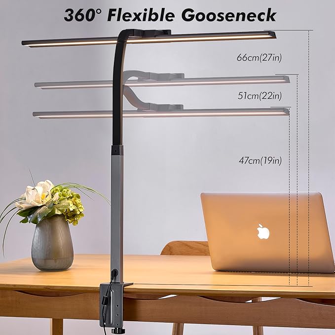 G Keni 3400 Lumen Architect Desk Lamp with Clock for Home Office, 31.5″W x 27″H, Ultra Bright Auto-Fill Brightness Desk Lamps with Timer, Gooseneck Touch LED Light for Work/Study/Read (Clamp)