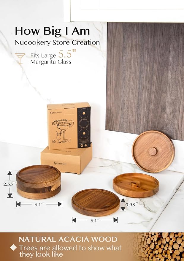 Nucookery 3-Tier Wood Bar Glass Rimmer, 5.6" Margarita Salt Rimmer Set, Sugar and Salt Rimmer Tray for Juice Cocktails, Bartender Bar Party Tool, Drinks Bar Accessories Box for Home Bar (Acacia Wood)