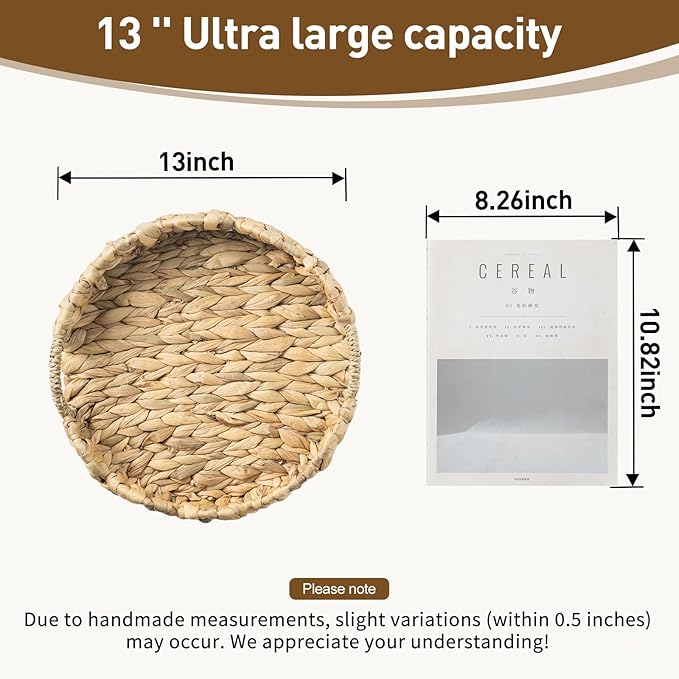 Round Wicker Scalloped Serving Tray with Handles - Seagrass Handwoven Trays,Water Hyacinth Tray for Home Decor and Living Room, Dining Table, Bathroom Organizing, 12.9" L x 12.9" W x 3.5" H