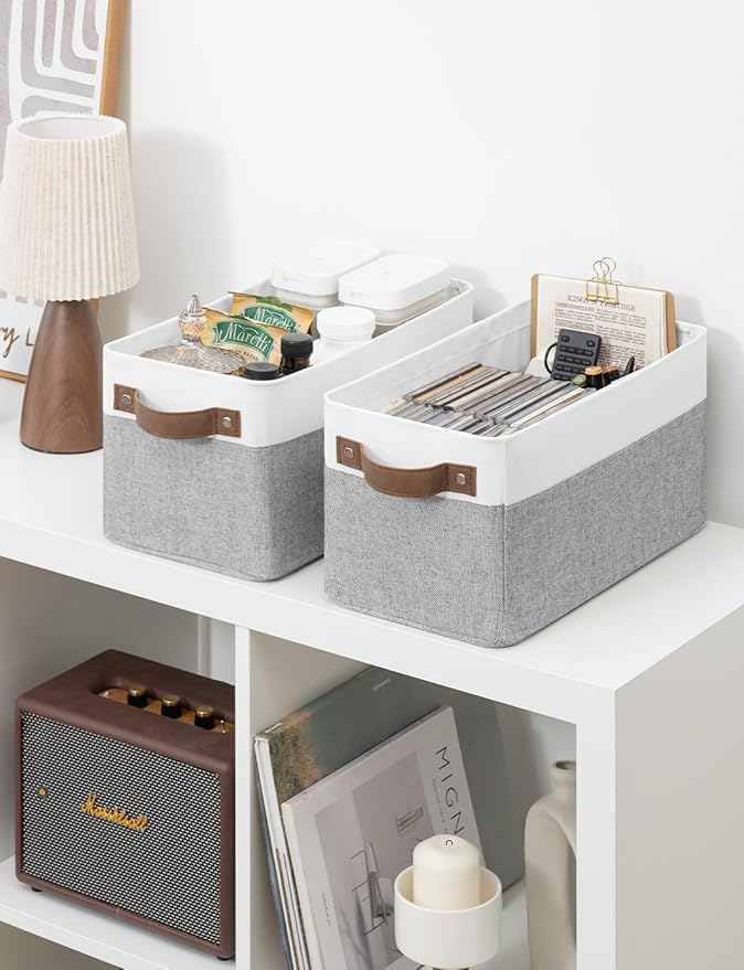 StorageWorks Narrow Storage Bins, Small Basket for Closet and Shelves, Rectangular Fabric Organizer with Handles, Toilet Paper Storage, Gray and White Stripes, 2-Pack