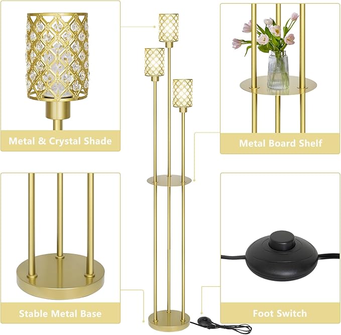 Gold Floor Lamps for Living Room, Standing Floor Lamp with Shelves, Tall Lamp with Table, Modern Mid Century Floor Lamp with E26 Base, Coner Crystal Floor Light for Bedroom (Without Bulb)