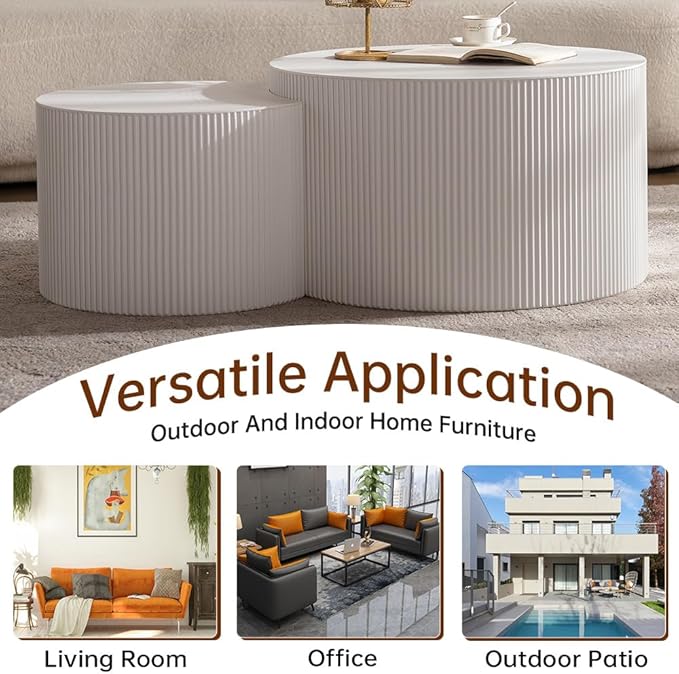 Round Nesting Coffee Table Set of 2 Modern Cream Fluted Coffee Table Small Round End Table Crescent Side Table Circular Coffee Tables Nested Coffee Tables for Living Room (Cream Large)