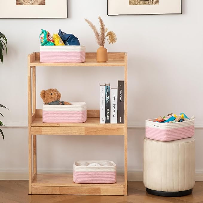 OIAHOMY 4 Pack Storage Baskets for Organizing, Small Bins for Shelves, Cute Decorative Storage Bins, Organizer Baskets for Gifts Empty, 13''Lx8.7''Wx5.1''H, Pink/White