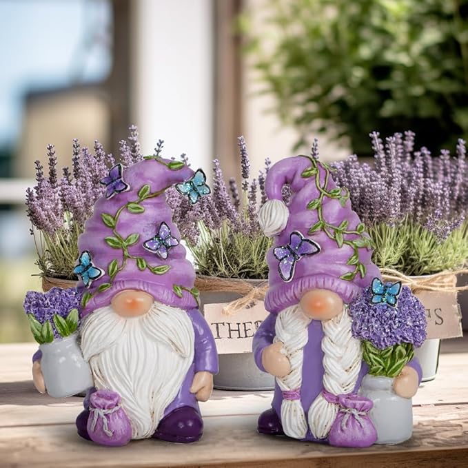 Hodao 2PCS Lavender Dream Gnome Set - Purple Fragrance Wonderland Journey Spring Swedish Tomte Elf Dwarf Figurines Summer Gnome Indoor Home Decor Gift (Lavender)