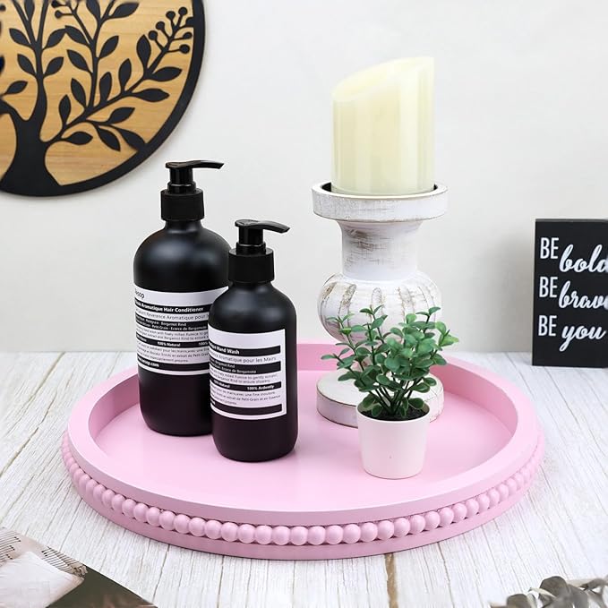 Pink Round Wood Decorative Ottoman Tray for Coffee Table Kitchen Counter, Living Room, Handcrafted Wooden Serving Tray for Table Centerpiece