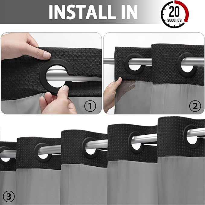 YellyHommy No Hook Shower Curtain with Snap in Liner Set Less Time Black Waffle Shower Curtain for Bathroom 75" L x 78" W