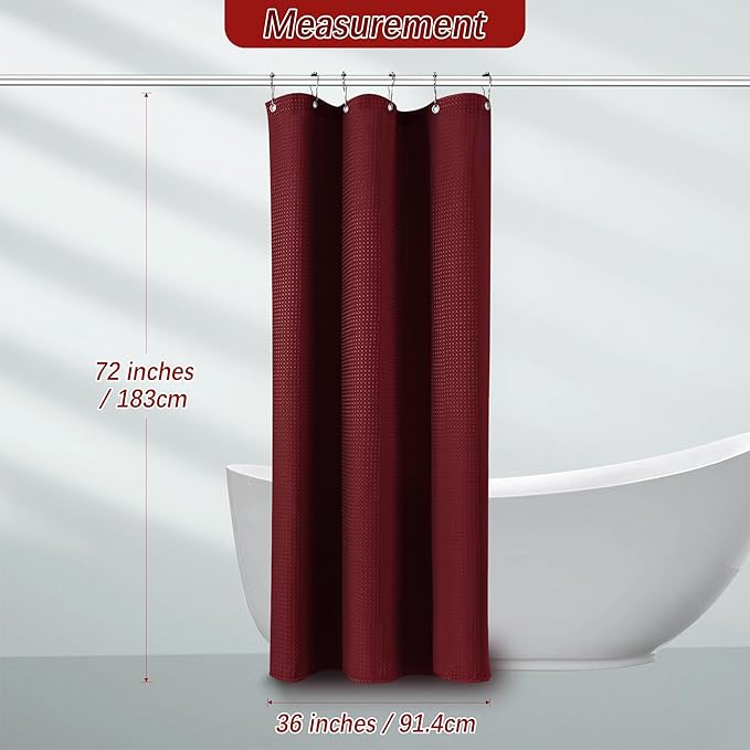 Stall Burgundy Fabric Shower Curtain - Waffle Textured Small Heavy Duty Cloth Shower Curtains for Bathroom, 256GSM Narrow Hotel Spa Luxury Bath Curtain Set with 6 Hooks (36Wx72H, Burgundy)