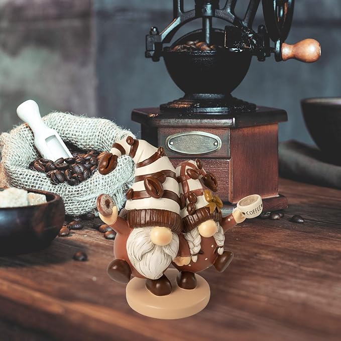 Coffee Gnomes Figurines Coffee Bar Station Decor, 5.2" Resin Gnomes Decorations for Home, Cute Small Indoor Accessories Tiered Tray Kitchen Table Desk Shelf Fall Gifts