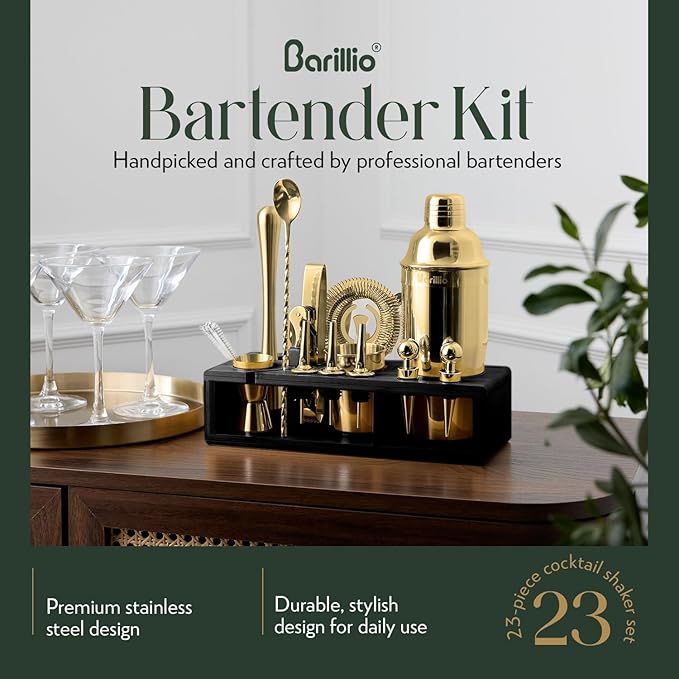 Barillio Gold Bartender Kit - Stainless-Steel Cocktail Shaker Set w/Black Bamboo Stand - Mixology Bar Tools w/Drink Shaker, Mixer, and Muddler for Cocktails - Home Bar Accessories - 23-Pc Bar Set