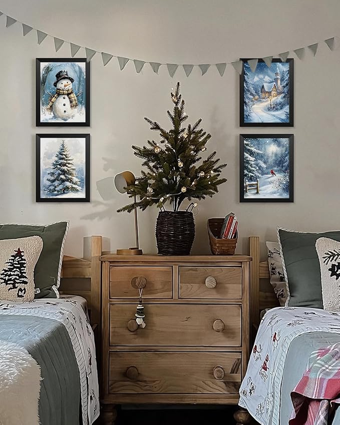 Wheatwin Winter Wonderland Vintage Christmas Wall Art Prints Set of 4, Blue Christmas Tree Snowman Wall Decor, Winter Xmas Decor for Bathroom Home Bedroom Living Room, 12x16 (Unframed)