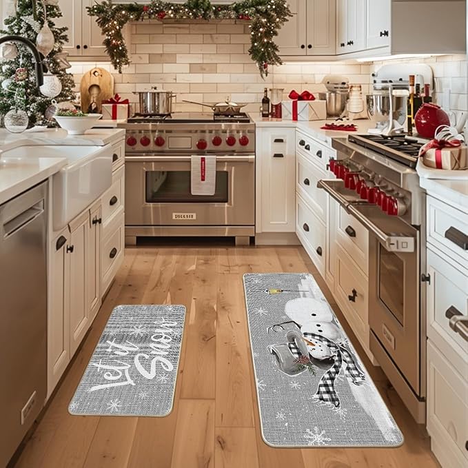 Artoid Mode Grey Let It Snow Snowflake Snowman Winter Kitchen Mats Set of 2, Christmas Decor Low-Profile Kitchen Rugs for Floor - 17x29 and 17x47 Inch