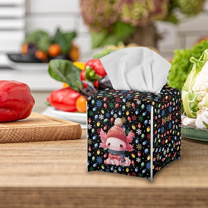 Christmas Axolotl Tissue Box Cover with Buttons Square PU Leather Tissue Facial Paper Dispenser for Night Stands, Office Desk, Bathroom Modern Napkin Facial Paper Organizer, 5.1x5.1 Inch
