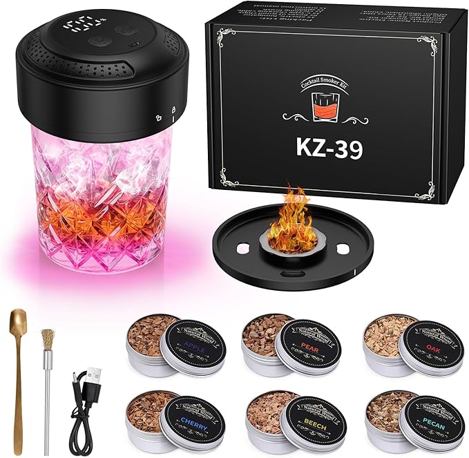 Electric Whiskey Smoker Kit, Old Fashioned Smoker Kit with 6 Wood Chips, Built-in Lighter & Ambient Light, Gifts for Men Dad Husband Whiskey Lovers (Birthday/Christmas)