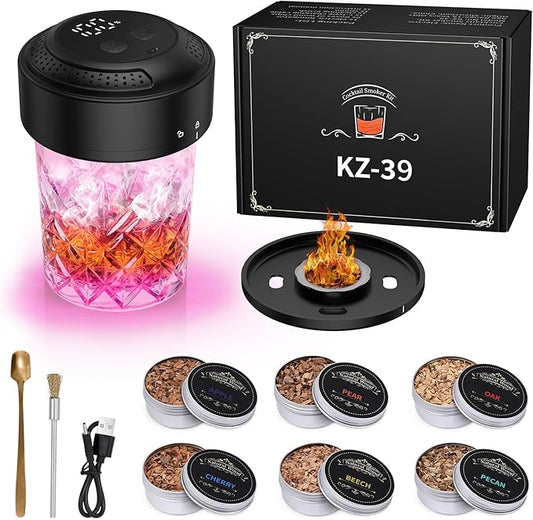 Electric Whiskey Smoker Kit, Old Fashioned Smoker Kit with 6 Wood Chips, Built-in Lighter & Ambient Light, Gifts for Men Dad Husband Whiskey Lovers (Birthday/Christmas)