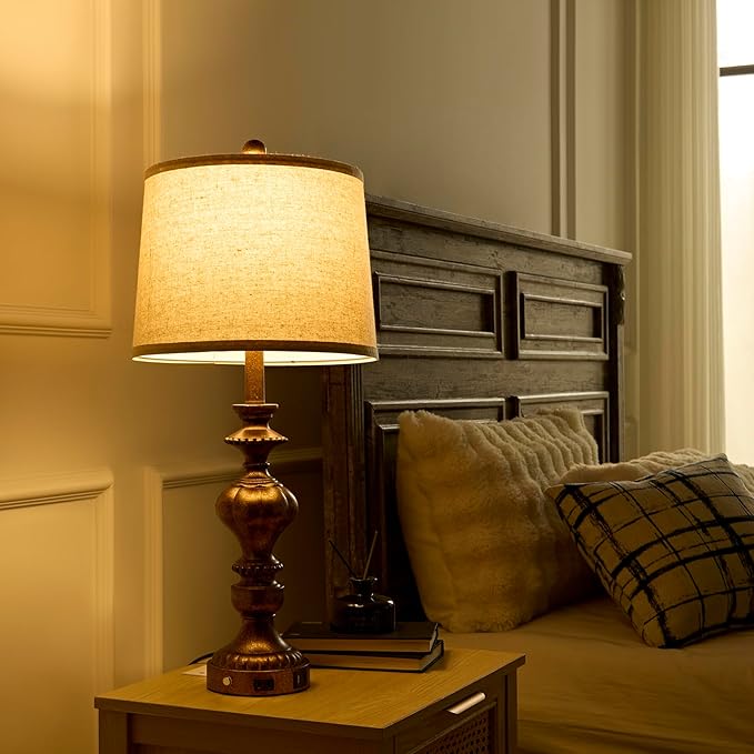 27.5" Farmhouse Table Lamps Set of 2 Bedside Nightstand Lamp with USB C+A Ports & AC Outlet, 3 Way Dimmable Touch Lamps for Bedroom Living Room Office Hallway Rustic Traditional Lamp (Copper)