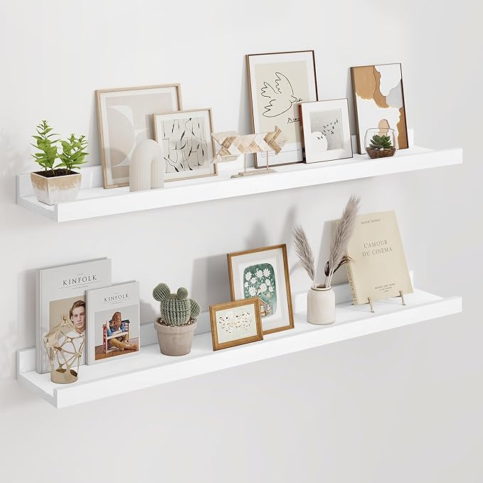 Floating Picture Ledge Shelves 36 Inch Solid Oak Wood Set of 2, Rustic Wall Storage Shelves with Lip, Kids Bookshelf, Photo & Picture Ledge Shelves for Bedroom, Living Room, Kitchen