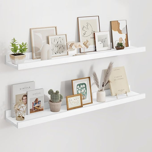 Floating Picture Ledge Shelves 36 Inch Solid Oak Wood Set of 2, Rustic Wall Storage Shelves with Lip, Kids Bookshelf, Photo & Picture Ledge Shelves for Bedroom, Living Room, Kitchen