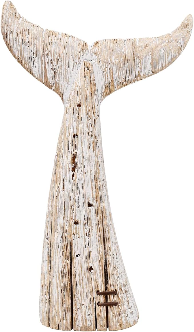 Morning View Wooden Whale Tail Decor - Rustic Nautical Free Standing Wooden Statue - 13.6 Inch High