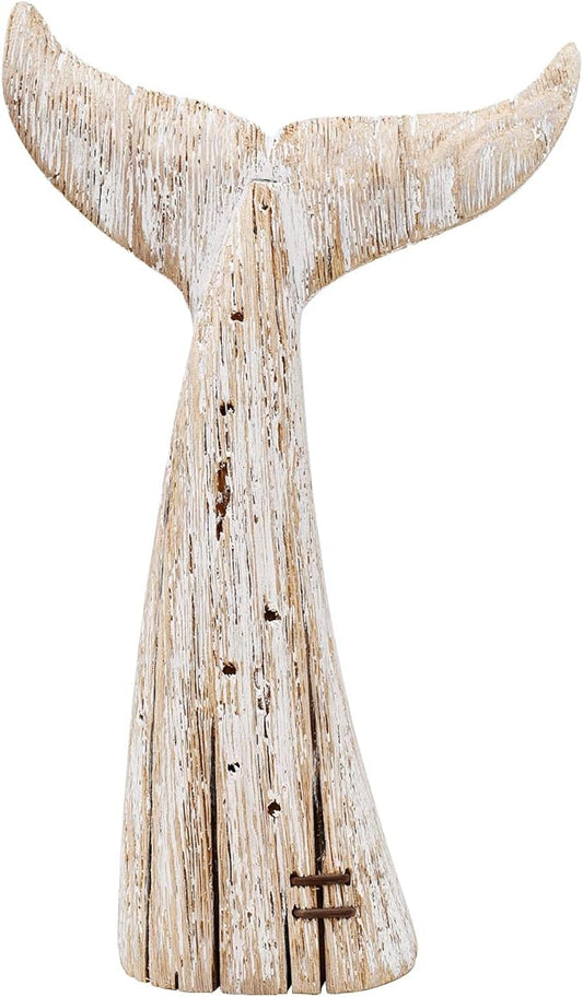 Morning View Wooden Whale Tail Decor - Rustic Nautical Free Standing Wooden Statue - 13.6 Inch High