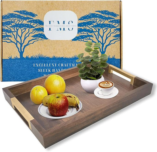 Large Wooden Ottoman Tray with Golden Handles for Serving Food, Decorative Serving Platter for Breakfast, Dinner & Bar, 17.5x11.8in Rustic Storage Tray for Kitchen, Bedroom & Gift Packaging