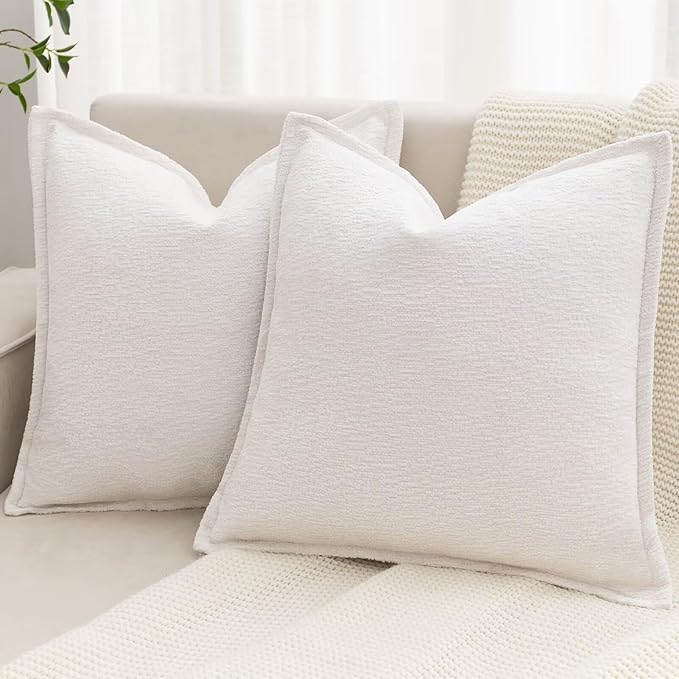 Cream White Decorative Throw Pillow Covers 26x26 Inch Set of 2 Cozy Soild Chenille Cushion Cases Soft Textured Square Couch Pillows Cover Boho Accent Farmhouse Pillowcases for Sofa Bed