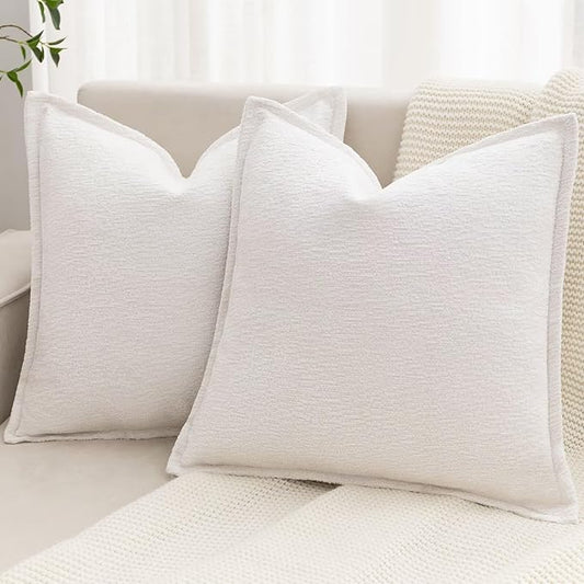 Cream White Decorative Throw Pillow Covers 26x26 Inch Set of 2 Cozy Soild Chenille Cushion Cases Soft Textured Square Couch Pillows Cover Boho Accent Farmhouse Pillowcases for Sofa Bed