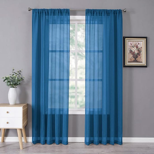 Tollpiz Sheer Curtain Linen Textured Living Room Curtains Sheer Light Filtering Rod Pocket Voile Curtain for Bedroom, 54 x 72 inches Long, Classic Blue, Set of 2 Panels