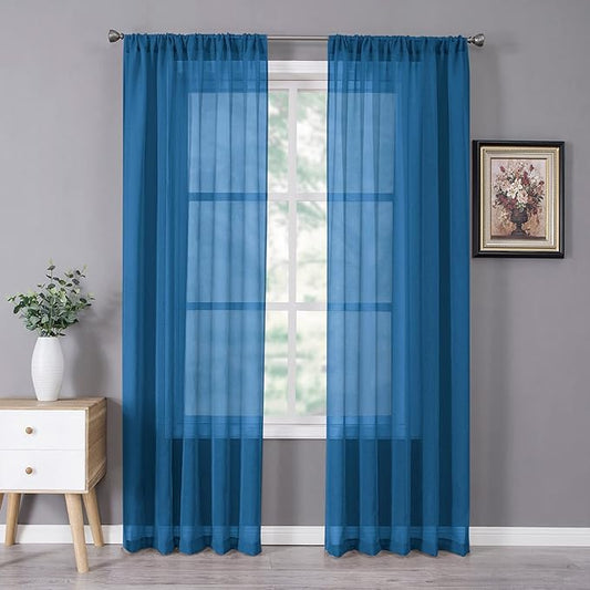 Tollpiz Sheer Curtains Linen Textured Bedroom Curtain Sheers Light Filtering Rod Pocket Voile Curtains for Living Room, 54 x 84 inches Long, Classic Blue, Set of 2 Panels