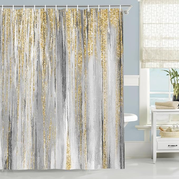 JAWO Abstract Shower Curtain, Modern Aesthetic Stripe Shower Curtain Sets with 12 Hooks for Bathtub Bathroom Gray Yellow Contemporary Abstract Painting Fabric