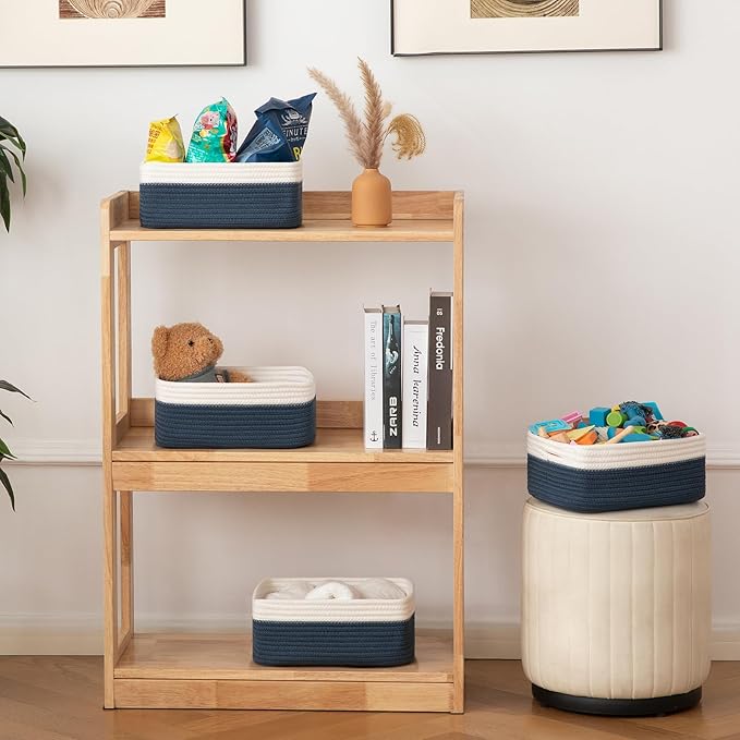 OIAHOMY 4 Pack Storage Baskets for Organizing, Small Bins for Shelves, Cute Decorative Storage Bins, Organizer Baskets for Gifts Empty, 11.8''Lx7.8''Wx4.7''H, Blue/White