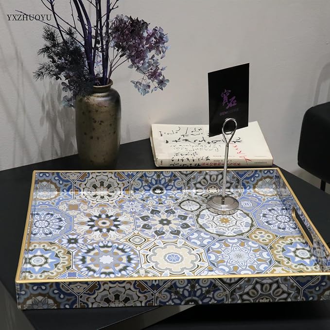 Boho Sturdy Acrylic Serving Tray with Handles-15.7x11.8Inch, Morden Plastic Rectangular Serving Tray for Coffee Table Bathroom, Ottoman, Home Decor