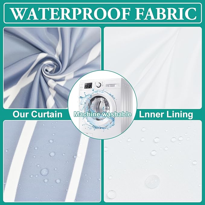 No Hook Ombre Blue Striped Stall Shower Curtain with Snap in Fabric Liner Set - Hotel Shower Curtain and Liner Set with See Through Mesh Top Window,Machine Washable, 54x80 INCH