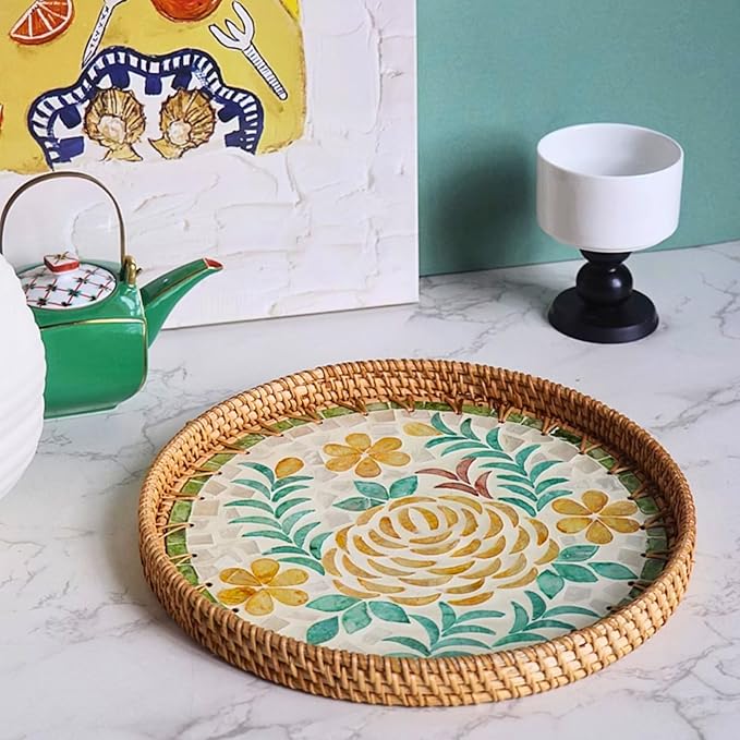 Rattan Serving Tray with Mother of Pearl, Round Coffee Table Tray Decor, Boho Decorative Round Hand-Woven Wicker Home Decor (Peony Flower, 12 inch)