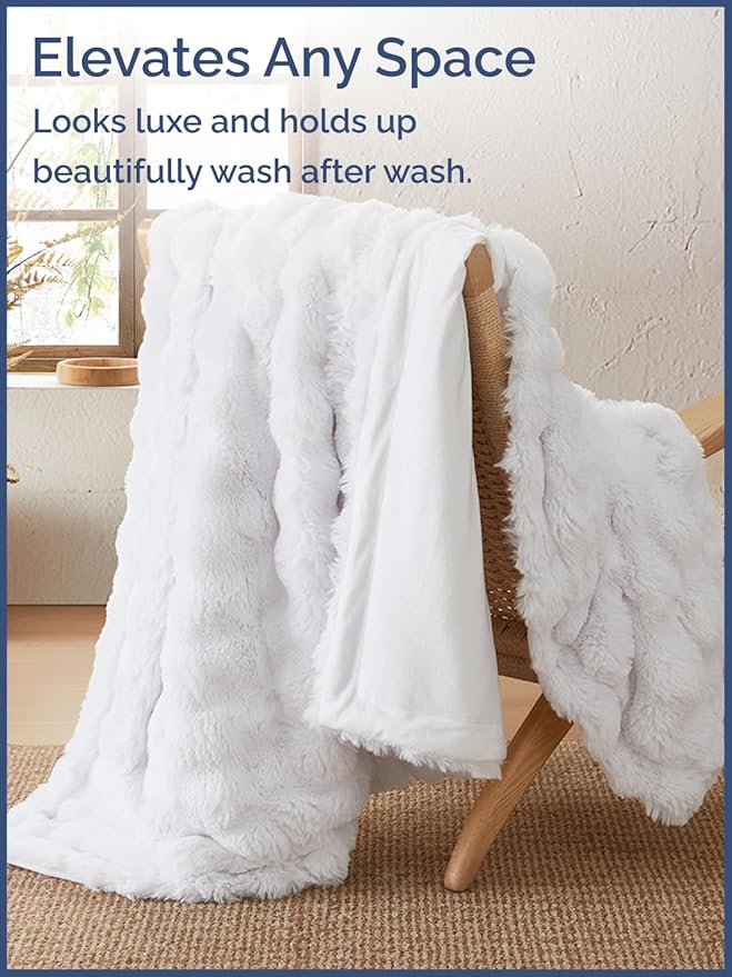 Fluffy Blanket Throw Size - Faux Fur Throw for Couch or Bed - Ultra Plush Soft Extra Thick Faux Fur Rabbit Blanket - Comfy, Fuzzy, Warm & Breathable - Luxury Minky Tie Dye Bedding - 50" x 60", White