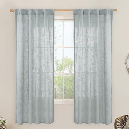 LAMIT Greyish Blue Linen Curtains for Bedroom, 72 Inch Length Light Filtering Semi Sheer Panels Back Tab and Rod Pocket Neutral Drapes for Living Room, 2 Panels, 34 x 72 Inch