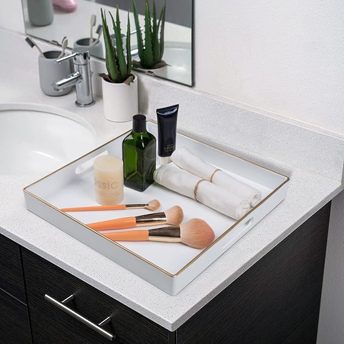 MAONAME 13"x13" Decorative Tray, White Serving Tray with Handles, Coffee Table Trays, Square Plastic Trays for Ottoman, Bathroom, Kitchen