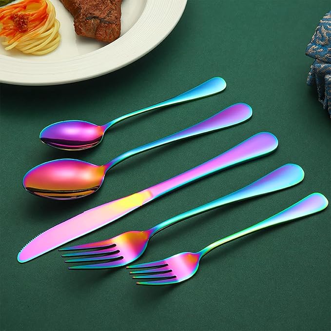 60 Pieces Rainbow Silverware set for 12, Compralo Colorful Stainless Steel Flatware Cutlery Set, Kitchen Utensils Set Include Knife Fork Spoon, Tableware Set With Titanium Plated, Dishwasher Safe