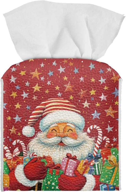 Santa Claus Tissue Box Cover 5.1x5.1x5.1'' Tissue Holder Napkin Dispenser for Home Office Car, Christmas PU Leather Square Napkin Facial Paper Holder Organizer
