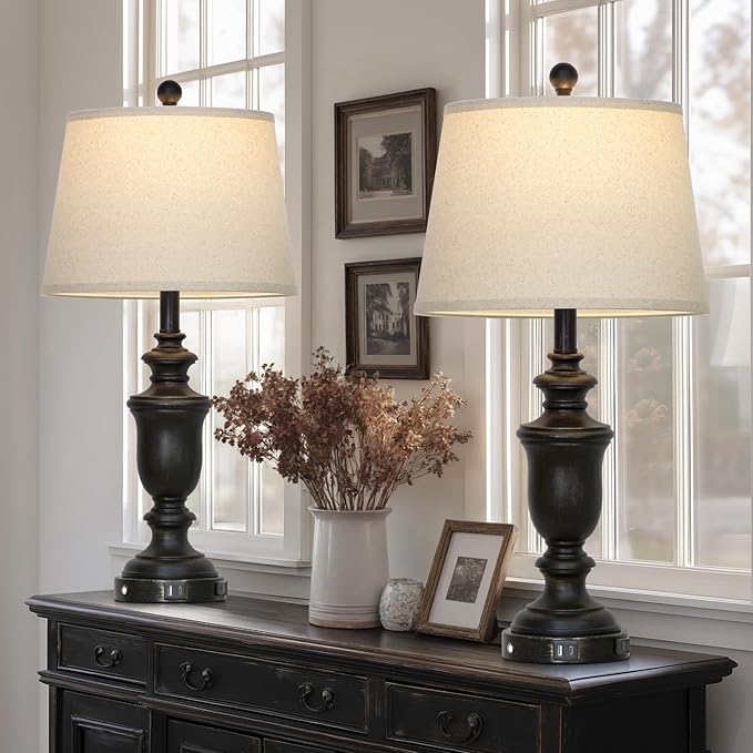 26" Black Table Lamps Set of 2 with USB C+A Ports & AC Outlet for Farmohouse Living Room Retro Bedroom,3-Way Dimmable Touch Lamp Resin Bedside Lamps for Nightstand Side End Table,Black