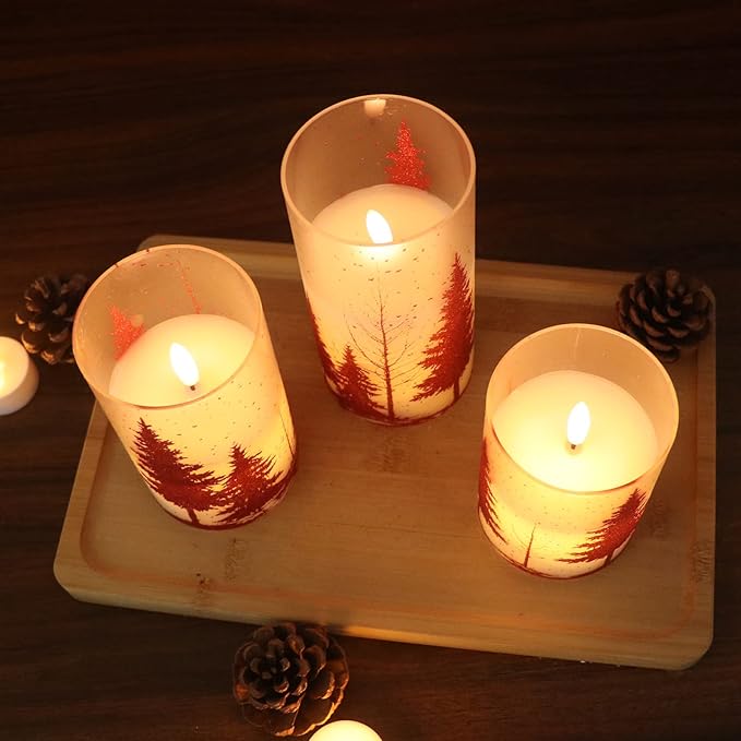 DRomance Christmas Tree Glass Flameless Candles with Remote Timer Battery Operated Real Wax 3D Wick LED Flickering Pillar Candles Christmas Holiday Decor(Red, 3 x 4,5,6 Inch)