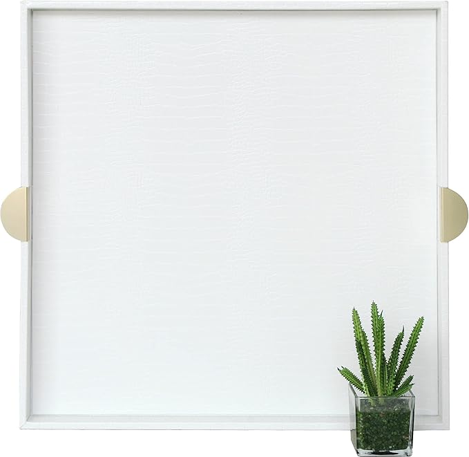 HofferRuffer Extra Large Square Serving Tray, Elegant Faux Leather Ottoman Tray with Gold Hardware Handles, Serve Tea, Coffee or Breakfast in Bed, 23.6 x 23.6 inches, White Large Square