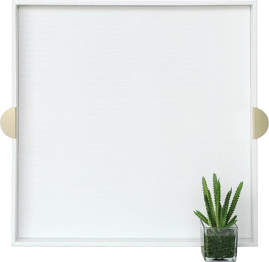 HofferRuffer Extra Large Square Serving Tray, Elegant Faux Leather Ottoman Tray with Gold Hardware Handles, Serve Tea, Coffee or Breakfast in Bed, 23.6 x 23.6 inches, White Large Square